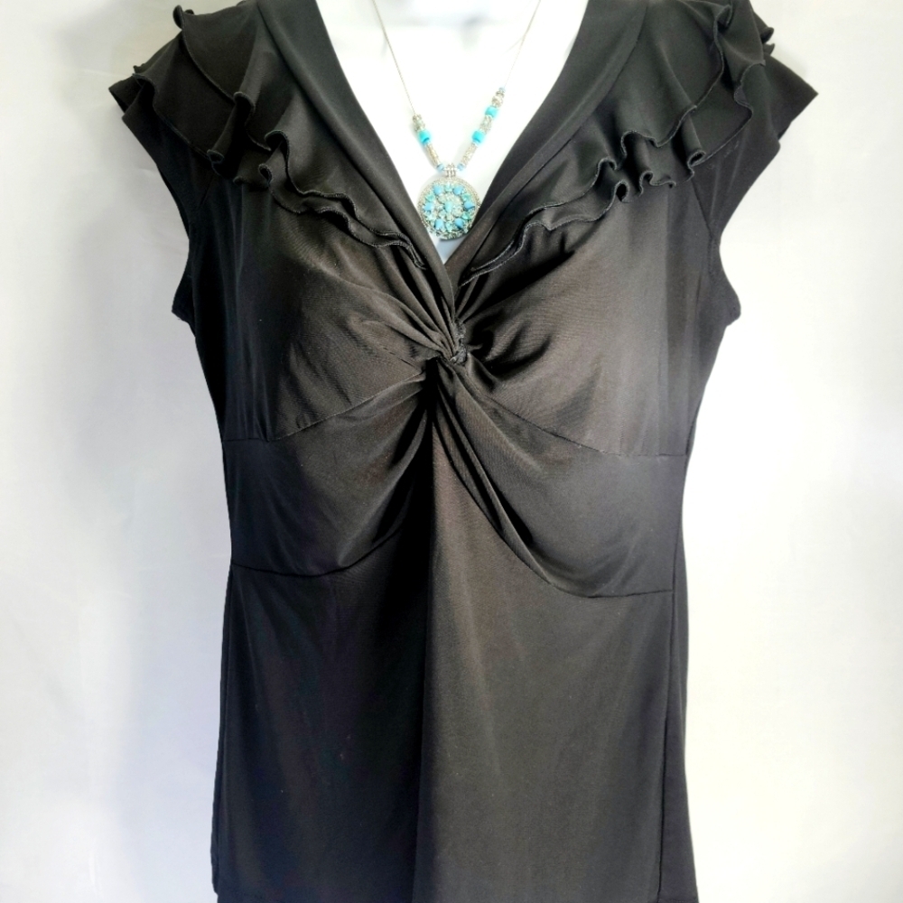 Vintage Suzie Black Ruffle Cap-Sleeve Knot Front Blouse